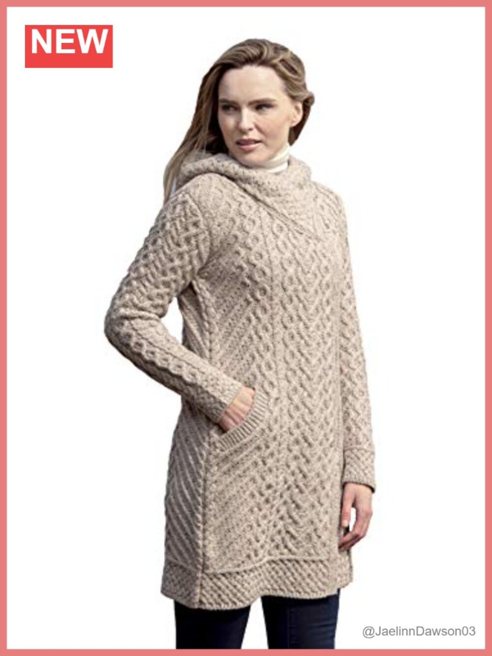 Merino Wool Cable Knit Hooded Side Zip Long Coat